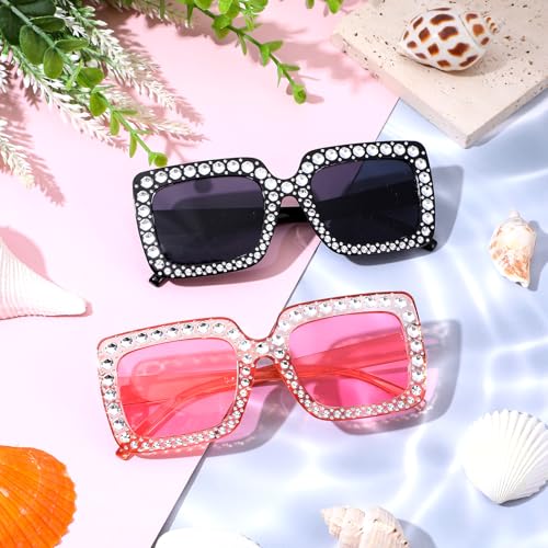 2 Pcs Oversized Glasses for Women, Square Sparkling Sunglasses Thick Frame Bling Crystal Sunglasses3