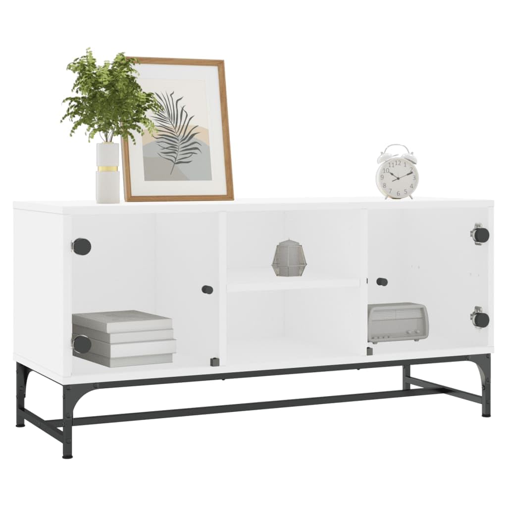 Szafka TV ze szklanymi drzwiami, biała, mebel telewizyjny, stół do salonu, gabinetu, 102 x 37 x 50 cm