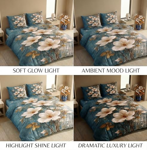 Image of SANMARINO 300 TC Cloud Cotton Pixel 7D King Size Bedsheet with 2 Pillow Cover | Premium 7D Floral Printed Bedding Set | Ultra Soft & Breathable | 108x108 Inch | Azure Magnolia Royal Bloom