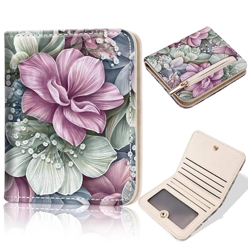 Image of Toughergun Happy Flower Floral RFID Small Wallet Women, Slim Thin Vegan Leather Bifold Wallet with Zipper Coin Pocket & ID Window, Cute Mini Travel Credit Card Holder Gift for Women Ladies Teen Girls