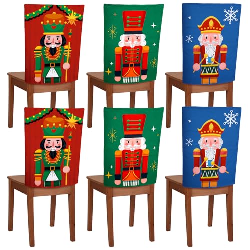 Haull 6 Pcs Christmas Chair Covers Nutcracker Chair Slipcovers Nutcracker Slip Covers for a Dining Chair Christmas Chair Back Covers for Xmas Home Kitchen Holiday Festival Party Decoration