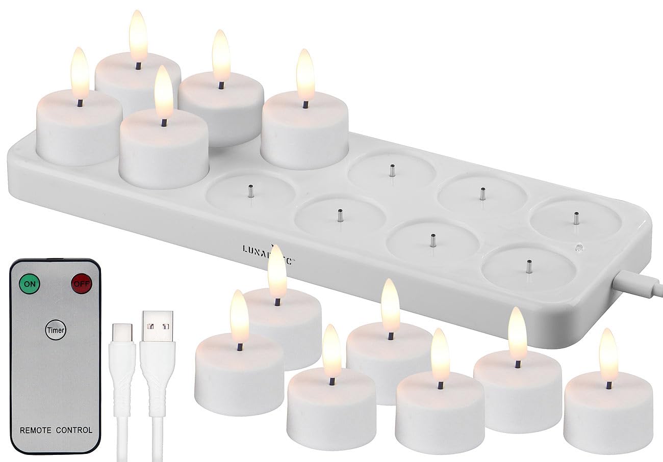 Lunartec aufladbare Teelichter: 12er-Set LED-Akku-Teelichter mit USB-Ladestation, Fernbedienung, Timer (wiederaufladbare, Kerzen, Flamme)