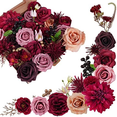 SOUTHGATE Red Roses Artificial Flowers Wedding Decorations Mix Silk Fake Flowers for DIY Handmade Bouquets Combo Centerpieces Arrangements Party Bridal Baby Shower Home Decor