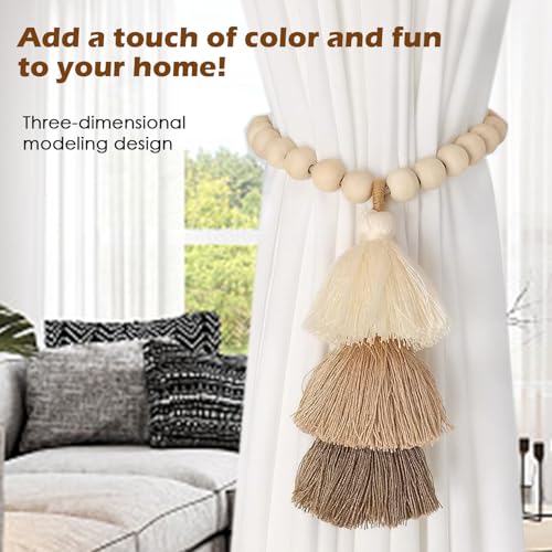SRG Handmade Wooden Bead Curtain Tiebacks 2 PCS | Simple Elegant Magnetic Tassel Curtain Holdbacks | Accessories Wall Decoration | Curtain Holders for Bedroom Window Treatment