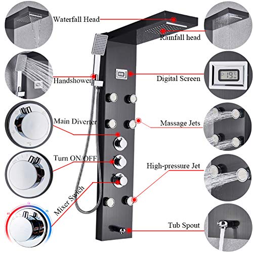 Saeuwtowy Shower Panel Tower System Wall Mounted Bathroom Column Shower Faucet Waterfall Rainfall Oil Rubbed Bronze with Spa Massage Jets Sprayer Tub Spout Hand shower
