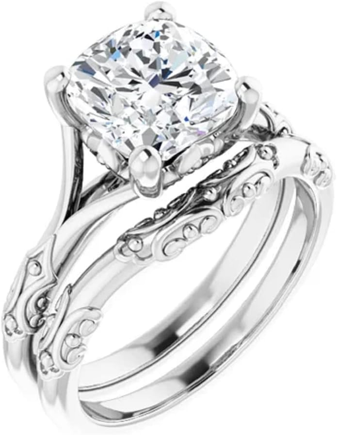 JEWELERYN 3 CT Cushion Cut VVS1 Colorless Moissanite Engagement Ring Set, Wedding/Bridal Ring Set, Sterling Silver Vintage Antique Anniversary Propose Ring Set Gifts for Woman