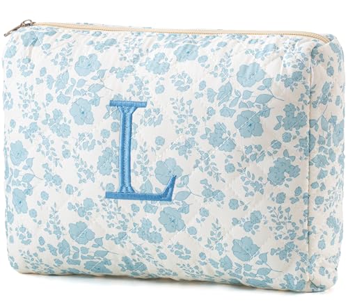 HBselect Initial Quilted Makeup Bag Cotton Large Travel Makeup Bag Cute Floral Coquette Make up Bag Cosmetic Bag Toiletry Bag for Women Girls L