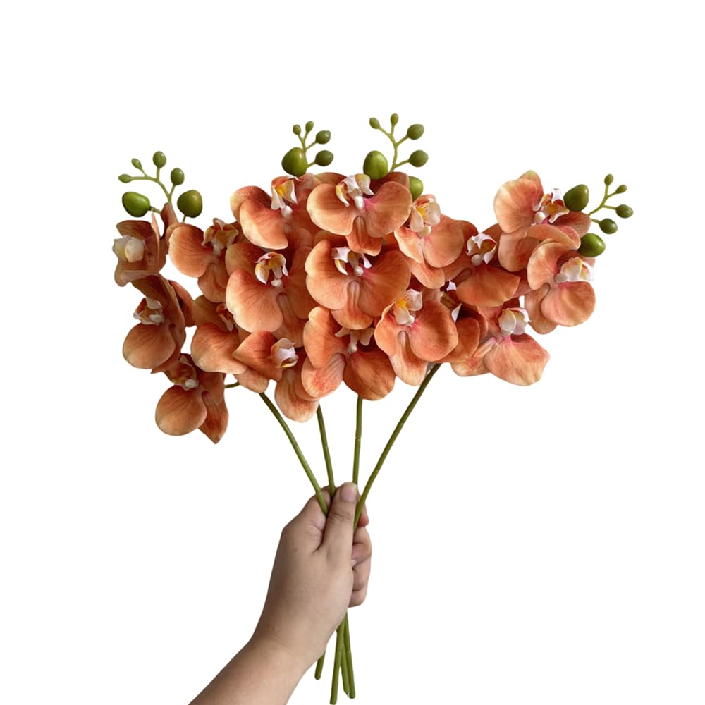 DODXIAOBEUL 4-Pcs Artificial Flowers Real Touch Latex Phalaenopsis 17.7inch Artificial Orchid Stem Bouquets for Wedding Party Home Garden Decor,Orange