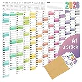 3x Wandkalender 2026 - DIN A1 Wandplaner - Großer XXL Jahreskalender gefaltet - mit Feiertage und Schulferienübersicht - optimaler Jahresplaner und Urlaubsplaner