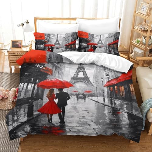 QDZHCPMYK Imprimé 3D Paris Street Scene—Romantic Rainy Cityscape Parure De Lit Microfibre Super Douce Et Respirante Housse De Couette 3 Pièces Et Taie...