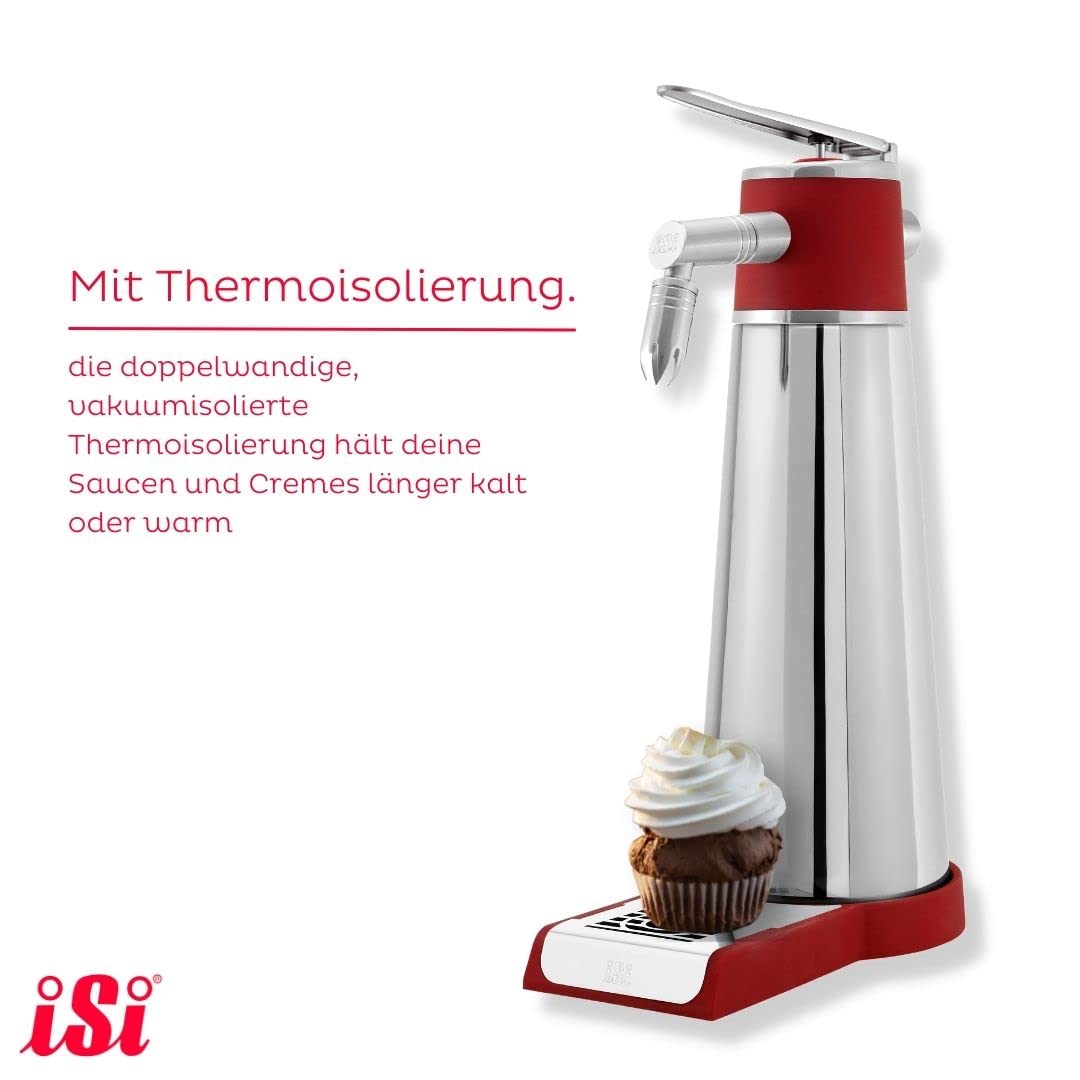 iSi Thermo XPress Whip PLUS 1 Liter, Freistehendes Sahnegerät mit Thermoisolation, Für Warme und Kalte Anwendungen, iSi Sahnespender Edelstahl, Spülmaschinenfest, Inkl. Reinigungsbürste, Silber, Rot