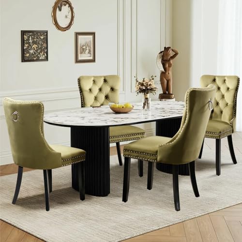 SoarTalent Velvet Upholstered Dining Chairs Set of 4, Modern Style Kitchen Side Chairs with Nailhead Trim and Wood Legs,Metal Pulling Ring for Dining Room Living Room(Olive Green,Set of 4)