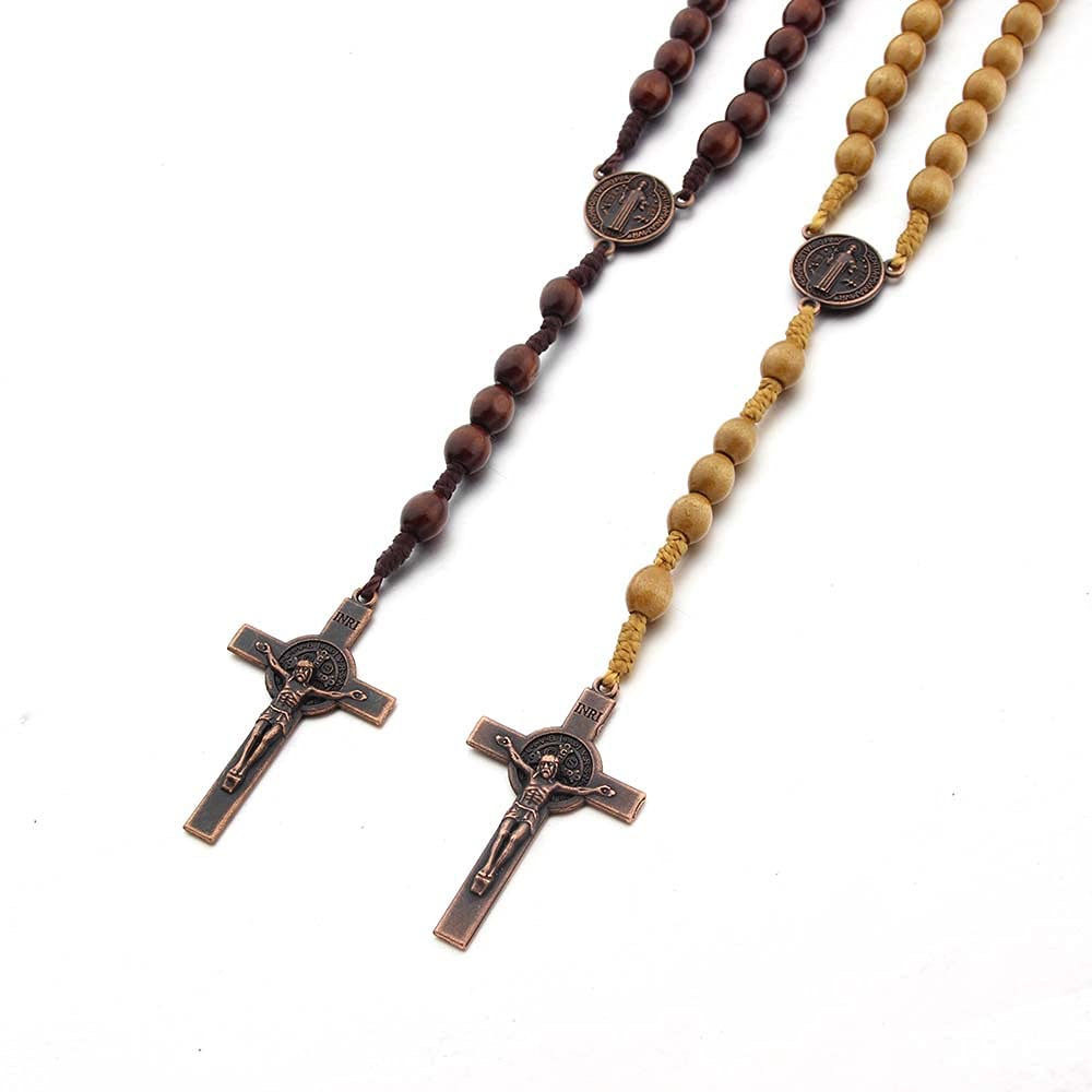 Rosari in Legno Fatti a Mano 2 Pezzi Collana Crocifisso Gioielli Religiosi Metallo Perla
