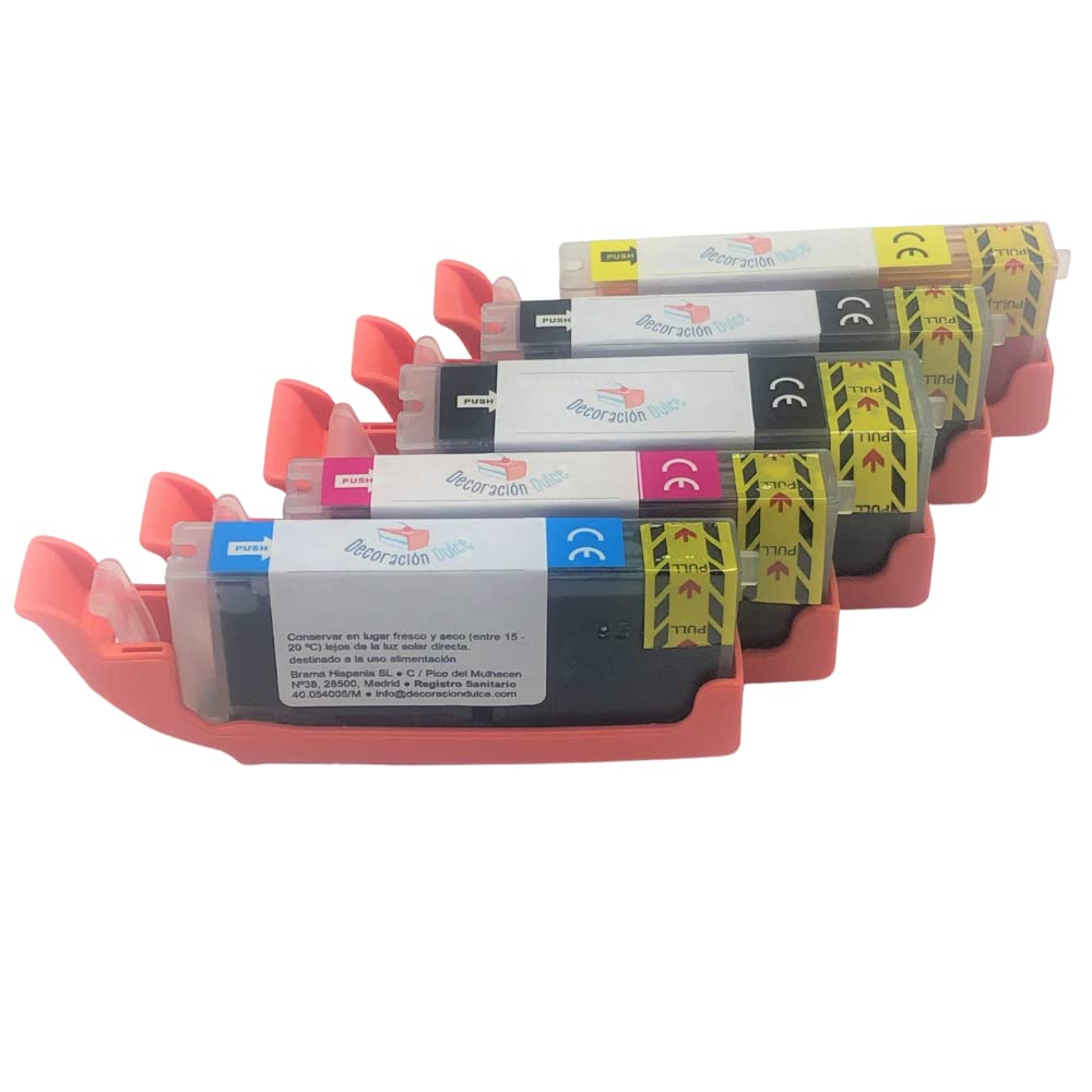 5 cartucce alimentari compatibili con Canon PGI-580 e CLi-581 L'inchiostro alimentare non contiene glutine. Verificare la compatibilità prima dell'acquisto