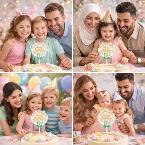 Image of Rozi Decoration Happy Birthday Cake Topper with Butterfly Theme | Cake Decoration with Stick | Pastel Green Theme Birthday Cake Accessory for Kids Party Pack of 1 Pcs