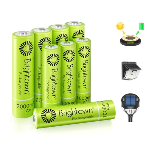Brightown 4 Pack AA 2000mAh and 4 Pack AAA 1000mAh Rechargeable Batteries Combo - 1.2V NiMH High Capacity Battery - Ideal for Solar Lights & Home Devices Recharge up to 1000x Times Pre-Charged