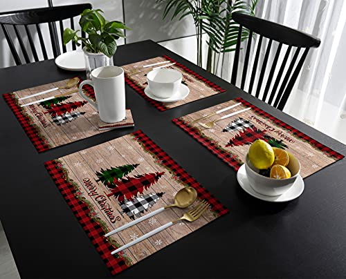 Artwork Store Merry Christmas Placemats Set Of 6,Cotton Linen Table Mats Non-Slip Washable Buffalo Plaid Farm Xmas Tree Snowflake Pine Tree Placemat For Holiday Party Dining Kitchen Table Decor #TOP2