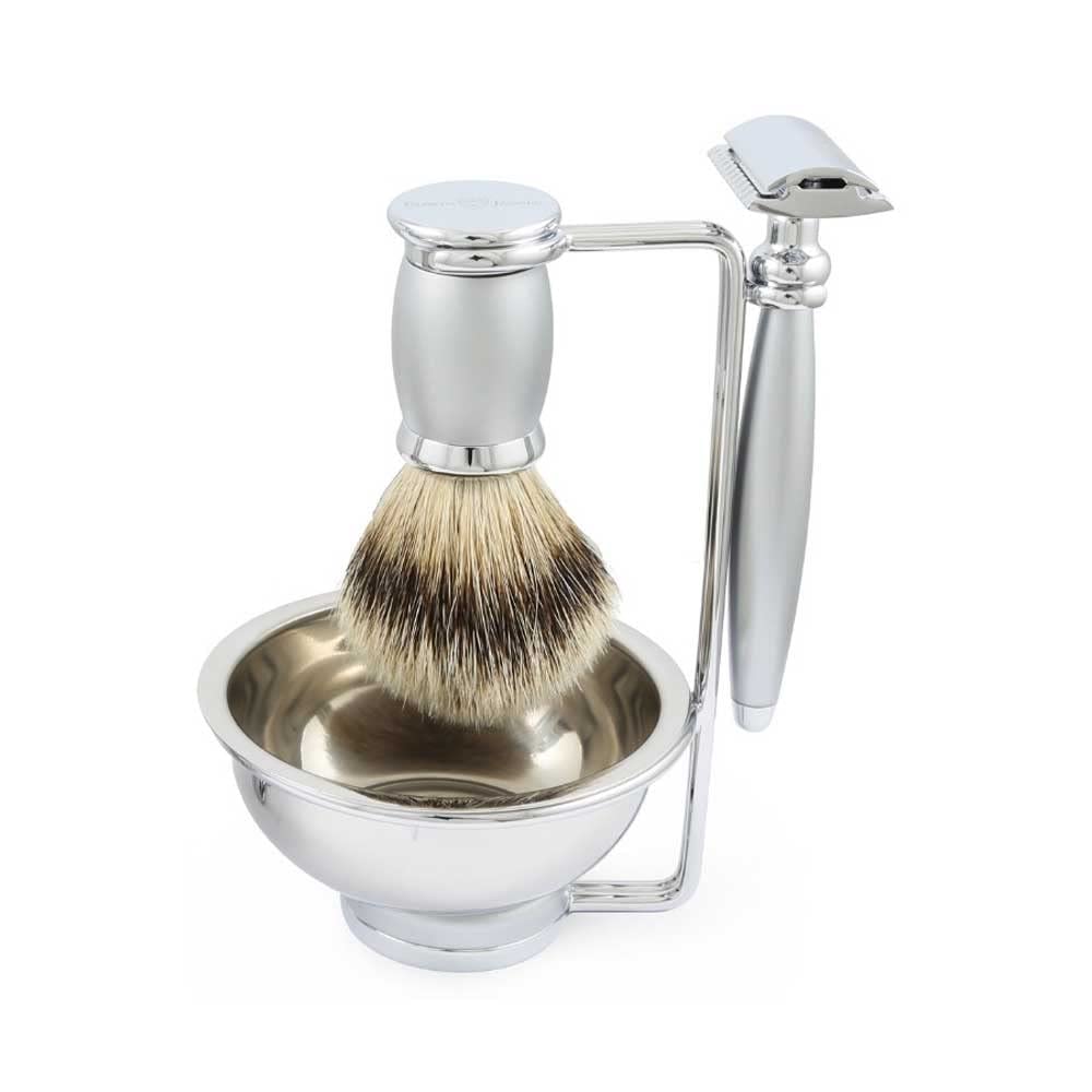 Bulbous Chrome 4-Piece DE Shaving Set with Safety Razor Silver Tip Badger Hair Brush Bowl Stand