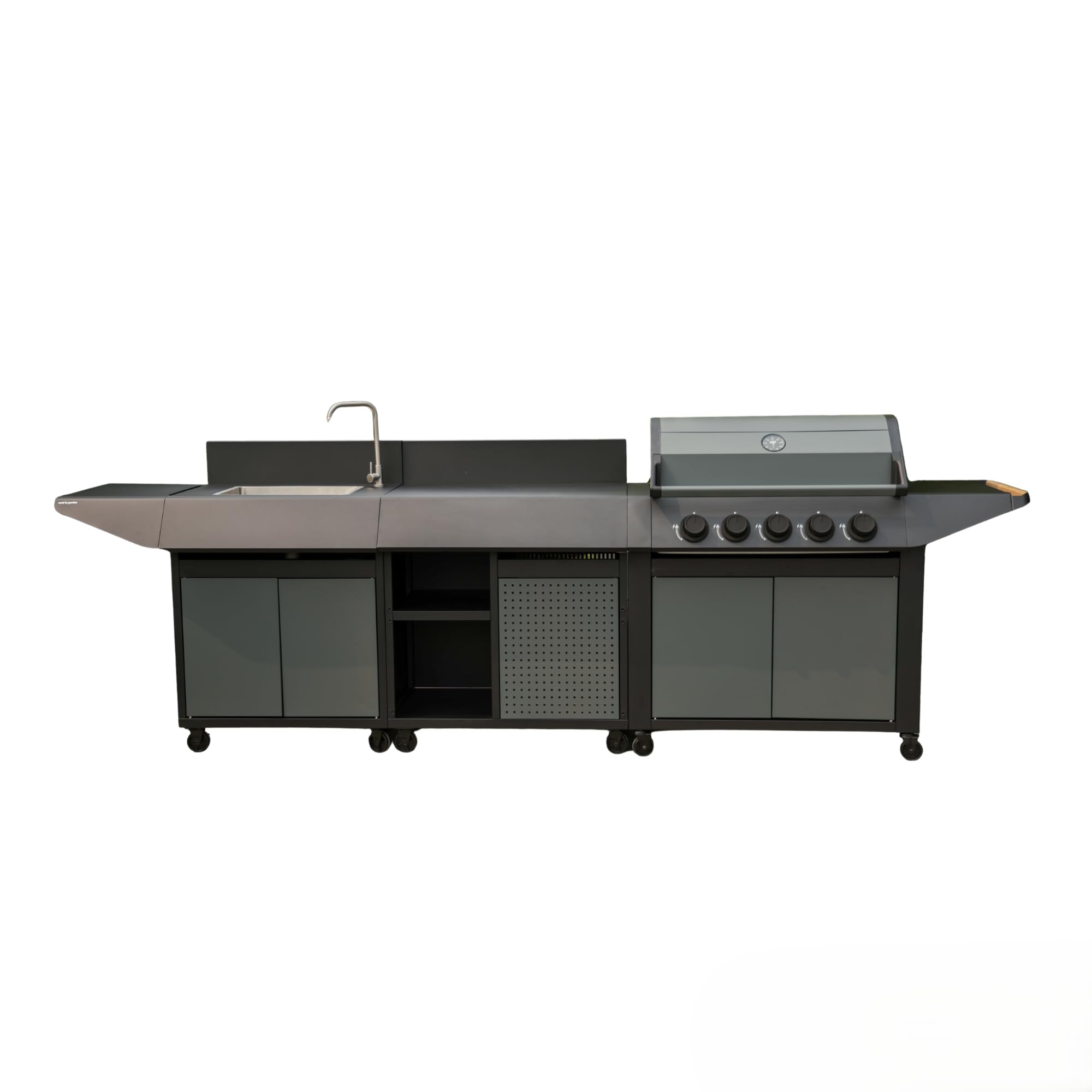Cook'in Garden - Cocina de Gas para Exterior BURN, Barbacoa con Postre y Fregadero Integrados, 5 Quemadores, Espacio Adicional, Grifo con Salida de Agua, Función de Plancha y Barbacoa