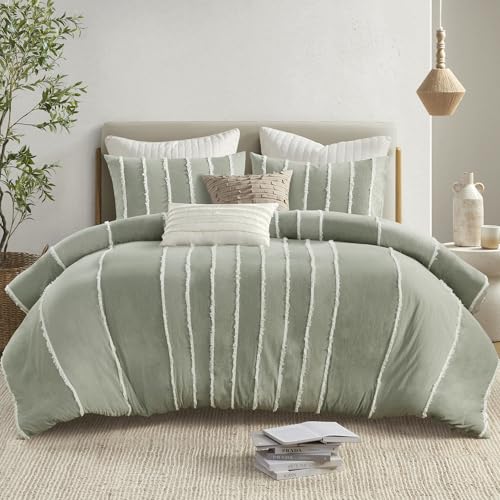 Image of Ink+Ivy Queen Duvet Cover Set Boho Duvet Covers Stripes, Clipped Jacquard, Cotton Duvet Cover for Queen Size Bed, All Season Lightweight Queen Bedding Cover & Shams, Shay, Full /Queen, Sage 3 Piece