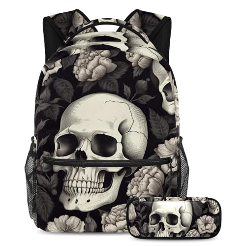 Sac à dos avec trousse à crayons crâne vintage grand format pour ranger tout