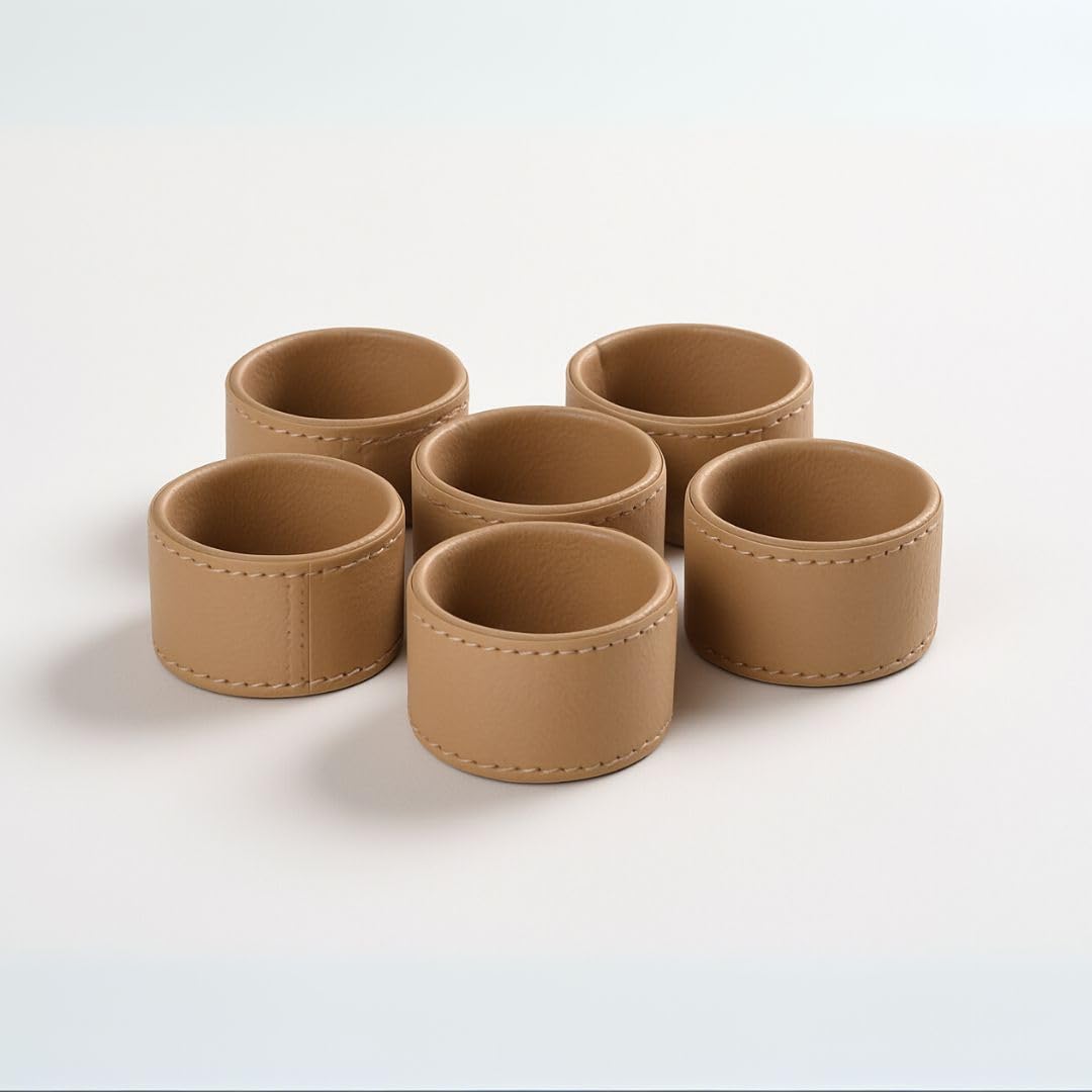 CASA BOTANICAL Hand Crafted Faux Leather Napkin Rings - Set of 6 for Table Decor, Weddings, Dinner Parties, Decorations (Beige) 1