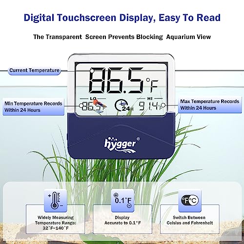 Image of hygger Digital Aquarium Thermometer Records Max Min Temperature Sensor Gauge with LCD Display Stickable Fish Tank Thermometer for Saltwater, Freshwater, Fish, Amphibians, Reptiles