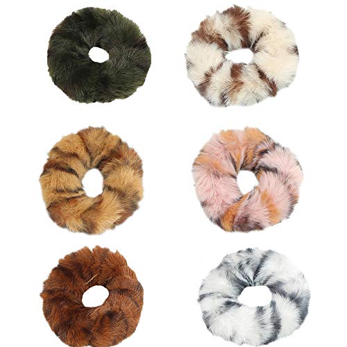 Pack Of 6 Faux Ru Furry Scrunchies, Fur Hair Bands Wristband Hair Rings, Women Girl Kid's Faux Fur Fluffy Ball Hair Band Rope, Hair Tie Ponytail Holder Hair Accessories (6Pcs-A) #TOP13