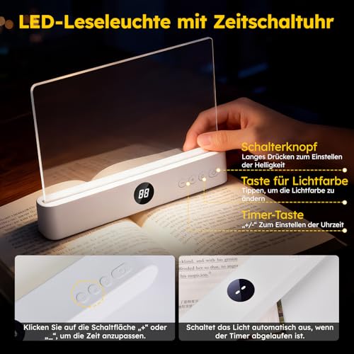 Buchlampe LED dimmbar mit 3 Lichtfarben, Leselicht mit Timer, Reading Book Light als Lesezeichen & Buchseitenhalter, USB-C Schnellladung, augenschonend & verschleißfest, Geschenk für Leseratten, Weiß