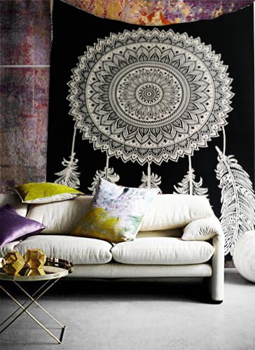AVA Collections Indian Cotton Wall Hangings Black and white Dream Cather Tapestry for Bedroom Boho Wall Art Hippie Bohemian Tapestry 85x54 inches (Dream Catcher- Black & White)