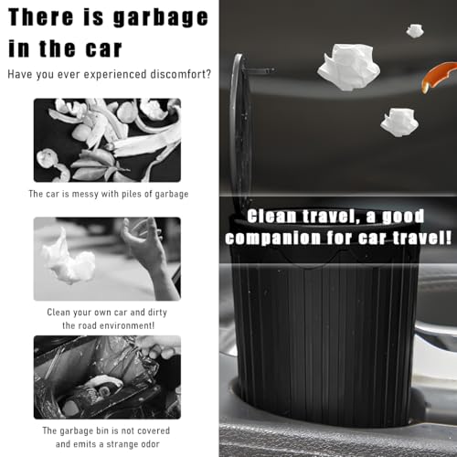 Image of Car Cup Holder Trash Can with Lid, Mini Waterproof Plastic Auto Door Pocket Cup Holder Dustbin, Leakproof Portable Round Cup Holder Trash Storage Organizer, Car Accessories (Black)