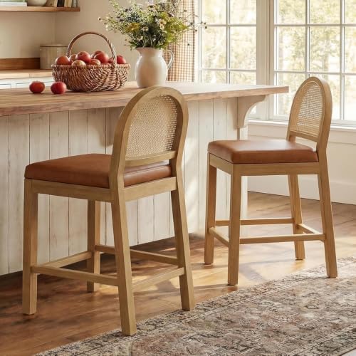 Image of STHOUYN Upholstered Rattan Bar Stools Set of 2, Wooden Island Chairs, Brown