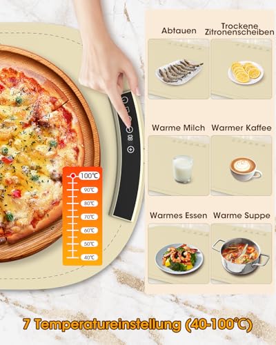 MQFORU Warmhalteplatte Elektronisch, Wärmeplatte Essen mit 7 Temperatureinstellungen, 4-Stunden-Timer & Sicherheitssperre, Silikon Speisenwärmer Buffetwärmer- Öl- und Fettbeständig, Leicht zu Reinigen – Bild 4