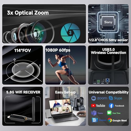 TONGVEO 5.8GHz Wireless Conference Room Webcam, Church Live Streaming 3X USB 1080P 60fps PTZ Camera for Worship Services Online Conference, Works with Zoom, OBS Easy to Set Up