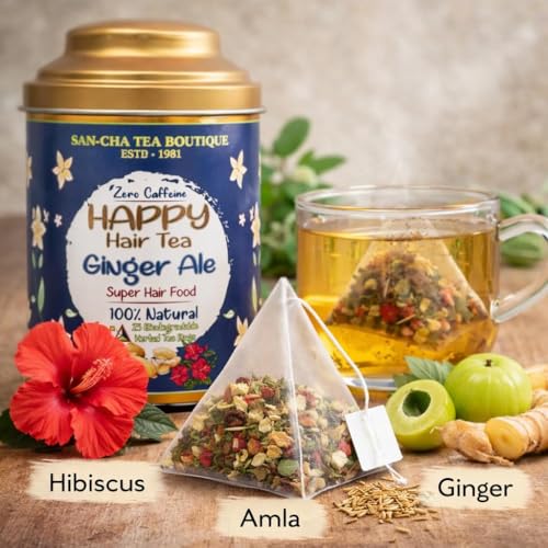 Image of SAN-CHA Tea Boutique Happy Hair Tea | Free Tea (Pack Of 25) | 100% Biodegradable Tea Bags|Pyramid Tea Bags | Herbal Tea | Tea For Healthy Hair | Hibiscus Leaves For Hair Growth, 25 grams