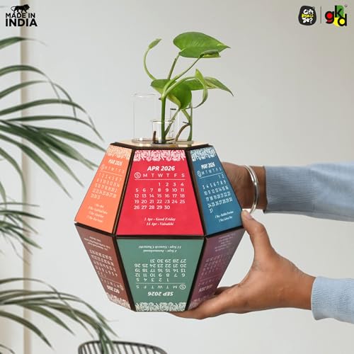 Image of Gift Kya De 2026 Desk Calendar with Hexagon Planter | Wooden 3D Pentagonal Table Calendar Big Size | Colourful Monthly Display | Premium Office Desk Decorative Item & Corporate Gift | Unique Table Decor