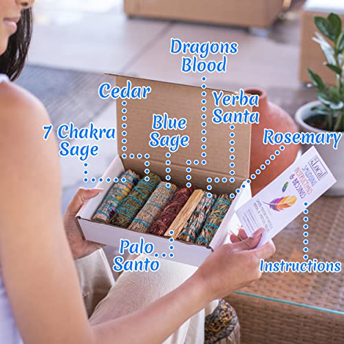 7 Sage Smudge Kit With Blue Sage, 7 Chakra White Sage, Cedar, Dragon's Blood, Rosemary, Yerba Santa, Palo Santo | Salvia Blanca Para Limpiar Sustainably Sourced #TOP3