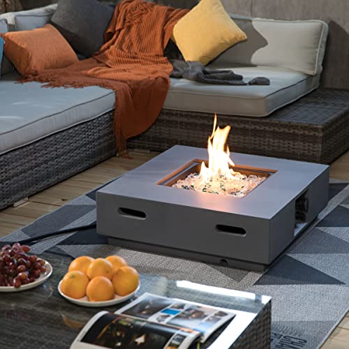 Aj Enjoy 28" Firepit Table For Outside, 50,000 Btu Large Rectangular Concrete Outdoor Firepit Tables, Waterproof Cover, Mix Color Rocks, Side Handles, Fits 20Lb Tank Outside, Grey #TOP6