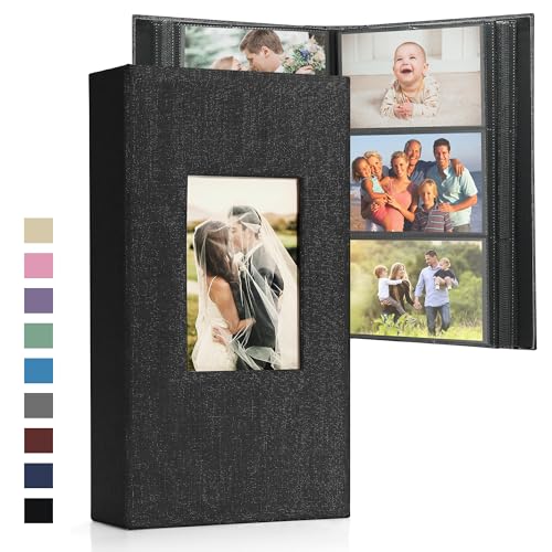 DazSpirit Album photo 10x15 cm – Livre mémoire en lin avec 300 pochettes, pages noires, couverture rembourrée et emplacement personnalisable en couverture...