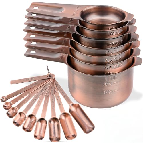 Image of zoyizi Copper Measuring Cups and Spoons Set 17, 7 Stainless Steel Measuring Cups&9 Long Hanlde Narrow Measuring Spoons for Spice Jar&Leveler, Kitchen Metric&US Measuring Cups Spoons for Dry and Liquid