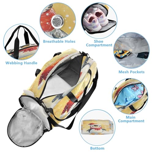 Penguin Snowflake Golden Kids Travel Duffel Bag for Boys Girls Overnight Weekend Tote Bag with Shoes Compartment for Trip Beach Gym4