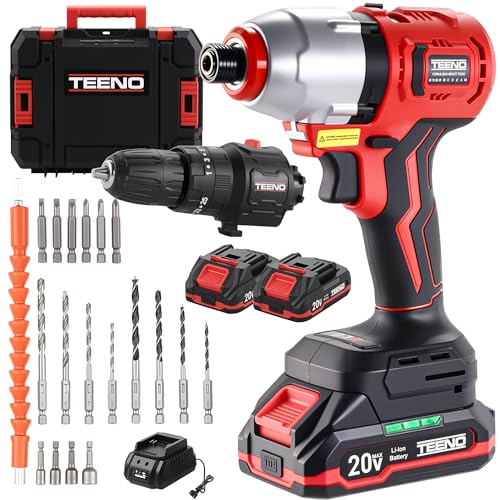 TEENO 20V Cordless Drill and Impact Driver, Brushless Power Tool Combo Kit Included 3/8'' Drill & 1/4'' Impact Driver, 2x 1.5Ah Batteries, Fast Charger, 19 pcs Driver Bit Set & Bag