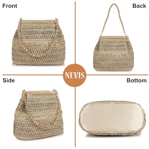 Image of Nevis Silk Fabric Premium Pearl & Crystal Embroidered Potli Bag for Women | Ethnic Bridal Clutch with Golden Handle | Party & Wedding | Potli Bag