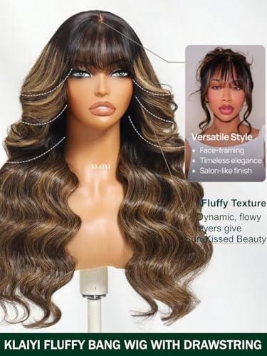 Image of KLAIYI Ombre Brown Loose Body Wave Pre Everything Glueless 13x4 HD Lace Front Human Hair Wig with Natural Bang Highlight Balayage Brown Precut Lace Pre Plucked Bye Bye Knots Drawstring Wig 180% 26Inch