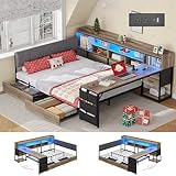 Dnxao Space-Saving Corner Bed Frame Full Size with Storage & Desk,Full Bed Frame with Upholstered Headboard, 4 Drawers, 6 Bookcase, LED Lights & Charging Station Perfect for Small Rooms,Oak Gray
