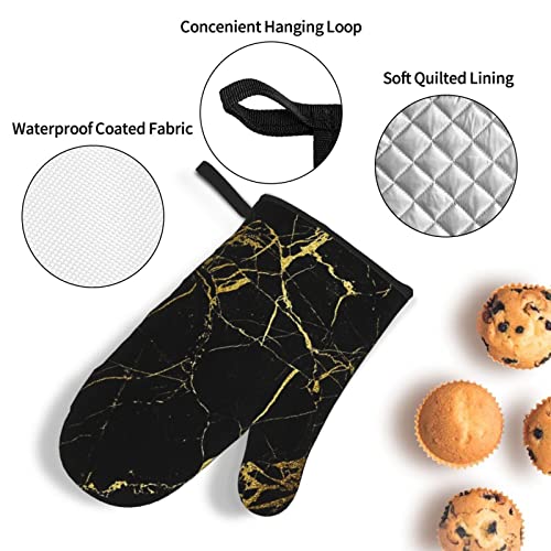 Gold And Black Marble Oven Mitts And Pot Holders Sets Of 4 Heat Resistant Thick Non-Slip Oven Mitts, Oven Gloves Pot Holders Set For Cooking, Baking Grilling And Bbq #TOP4
