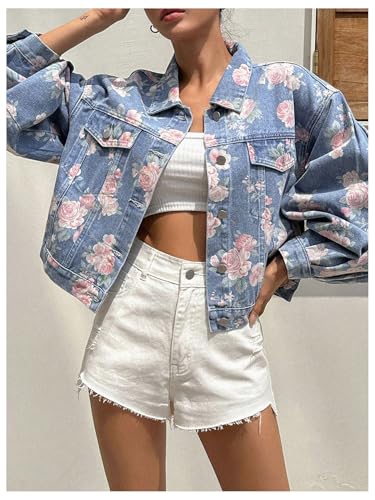 WDIRARA Women's Floral Print Button Down Denim Jacket Long Sleeve Outerwear Light Wash X-Large4