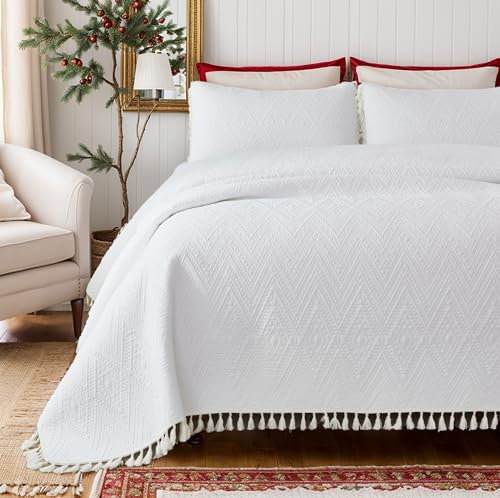 Brandream Luxury Bohemian Bedding Cotton Quilt Set King Size White
