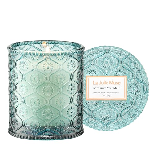 LA JOLIE MUSE Geranium Vert Mint Scented Candles, Mint Candles for Home Scented, Spring Summer Natural Soy Wax Candle, Candles Gifts for Women, 6 oz 40 Hours Burn