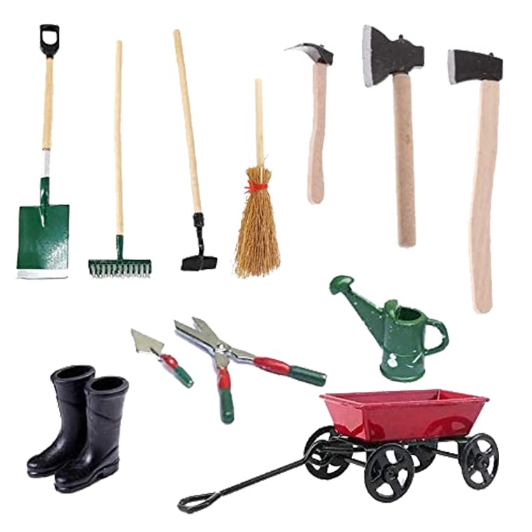 12 STK Miniatur Puppenhaus Set Gartengeräte Mikrolandschaft Miniatur Garten Möbel Deko 1:13 Miniatur Gartenwerkzeug, Puppenhaus Garten und Miniatur Deko, Puppenhaus Garten Set Gummistiefel Gießkanne